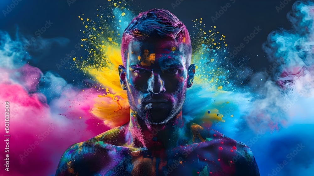 Abstract silhouette of a male athlete frozen in colorful paint explosion . Concept Abstract Art, Silhouette, Male Athlete, Colorful Paint, Explosion Abstract silhouette of a male athlete frozen in colorful paint explosion . Concept Abstract Art, Silhouette, Male Athlete, Colorful Paint, Explosion