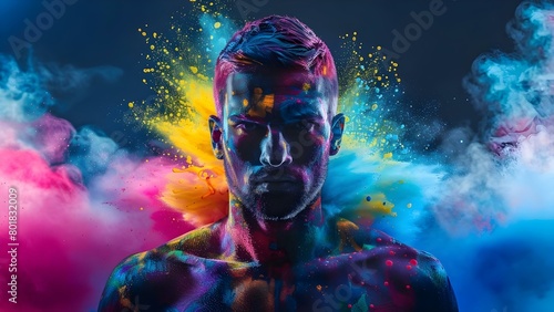 Abstract silhouette of a male athlete frozen in colorful paint explosion . Concept Abstract Art, Silhouette, Male Athlete, Colorful Paint, Explosion