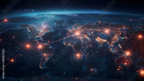 Illuminated digital world map showing active trade routes and commerce hotspots . Concept Trade Routes, Commerce, Digital Map, Hotspots, Global Economy photo