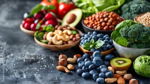 Assorted superfoods fruits nuts and vegetables for a balanced diet . Concept Superfoods, Balanced Diet, Fruits, Nuts, Vegetables photo