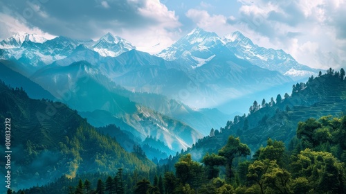 A breathtaking photograph of a majestic mountain range with snow-capped peaks and evergreen forests.