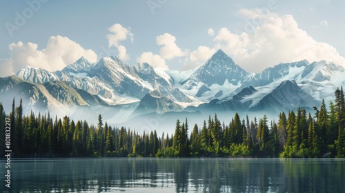 A breathtaking photograph of a majestic mountain range with snow-capped peaks and evergreen forests.