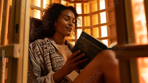 A woman reading a book while sitting in an infrared sauna finding a sense of peace and ease as the sauna helps to alleviate her migraine symptoms..
