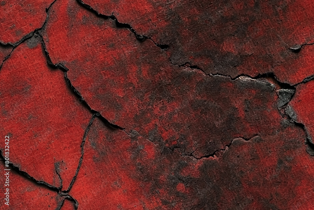 The texture of the burnt and cracked plaster has a dark red color and a horrendous pattern.