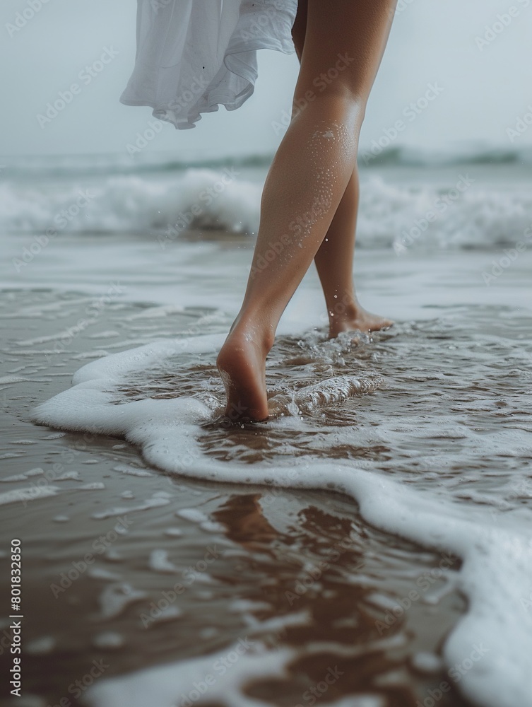 Close-up of a womans feet running on wet sand