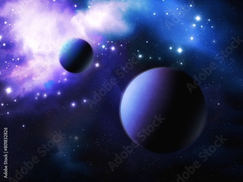 Exoplanets in space, beautiful alien worlds. Cosmos with nebula and stars. Constellations with planets. © Nazarii