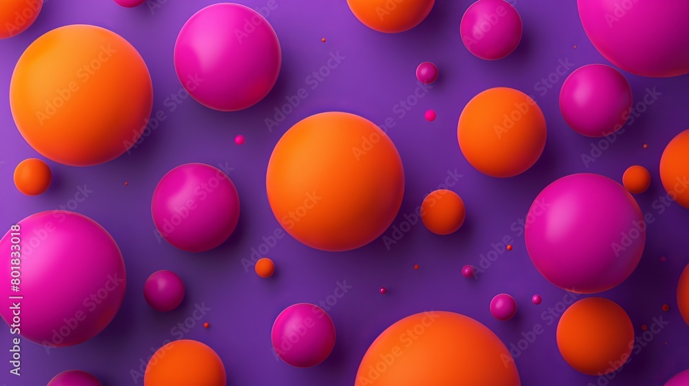 An arrangement of 3D spheres in orange, purple, and magenta of various sizes, set against a purple background An arrangement of 3D spheres in orange, purple, and magenta of various sizes, set against a purple background