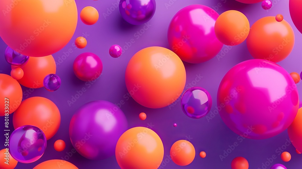 An arrangement of 3D spheres in orange, purple, and magenta of various sizes, set against a purple background An arrangement of 3D spheres in orange, purple, and magenta of various sizes, set against a purple background