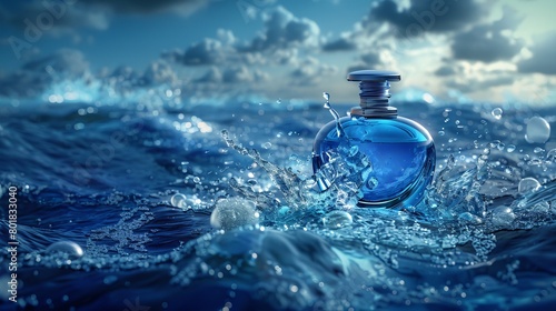A perfume bottle with water splashing around it, designed for the web, featuring a lunar walk, deep blue ocean, and detailed craftsmanship. It has a luxurious theme and was featured on Dribbble, Omega photo