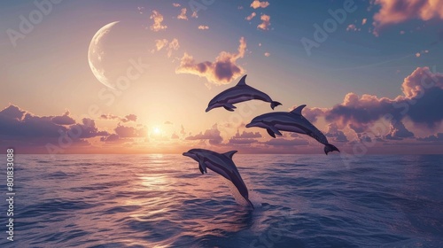 Two dolphins are jumping out of the sea at sunset with a crescent moon in the sky. The background is an ocean horizon with clouds and sun rays