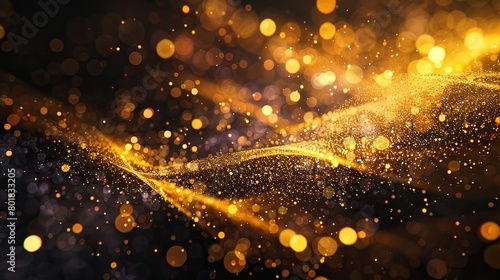 A bunch of gold glitter on a brown background. There are many tiny circles of light in the photo, and the overall effect is one of a glittering, sparkling surface.