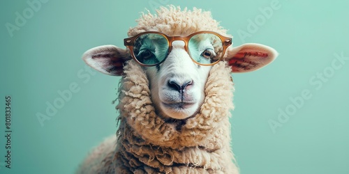 Pictured over a pale green backdrop is an exquisite sleek lamb sporting sunglasses that are in elegance lovely Eid banner shot and space, Generative AI.