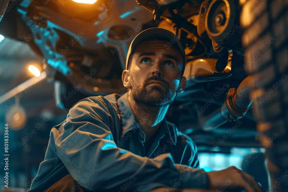 Obraz premium Male car mechanic worker working using wrench tool for repair, maintenance underneath car. Mechanic vehicle service checking under car in garage.