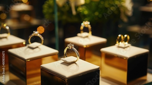 There are many rings on display in a jewelry store. They are mostly made of yellow gold and have diamonds or other gemstones.