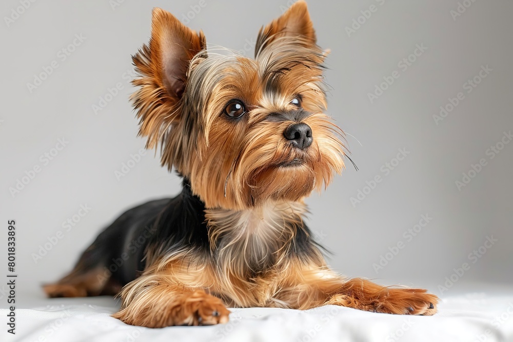 A portrait of groomed little cute Yorkshire Terrier sitting against a clean studio white backdrop and big space for text or product advertisement, Generative AI.
