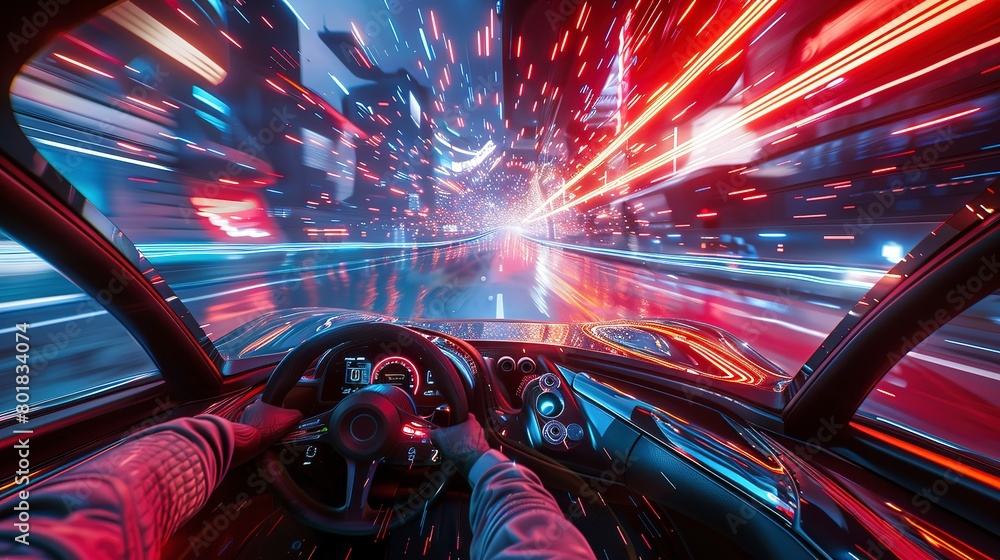 Virtual reality racing game, immersive cockpit light, first-person view ...
