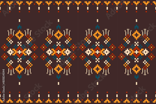 Pixel ethnic pattern, Vector embroidery pattern background, Geometric traditional triangle style, Blue and orange pattern knitting vintage, Design for textile, fabric, batik, kaftan, fibres