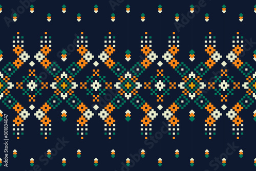 Pixel ethnic pattern, Vector embroidery pattern background, Geometric traditional triangle style, Blue and orange pattern knitting vintage, Design for textile, fabric, batik, kaftan, fibres