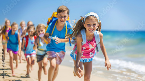 Group of children excitedly running on beach on a warm summer day © Vivid Pixels