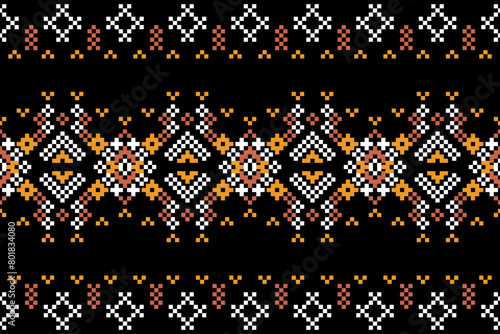Pixel ethnic pattern, Vector embroidery pattern background, Geometric traditional triangle style, Blue and orange pattern knitting vintage, Design for textile, fabric, batik, kaftan, fibres
