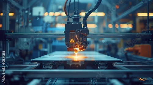 Large-scale 3D printer at work, dynamic construction site light, wide angle, building the future  photo