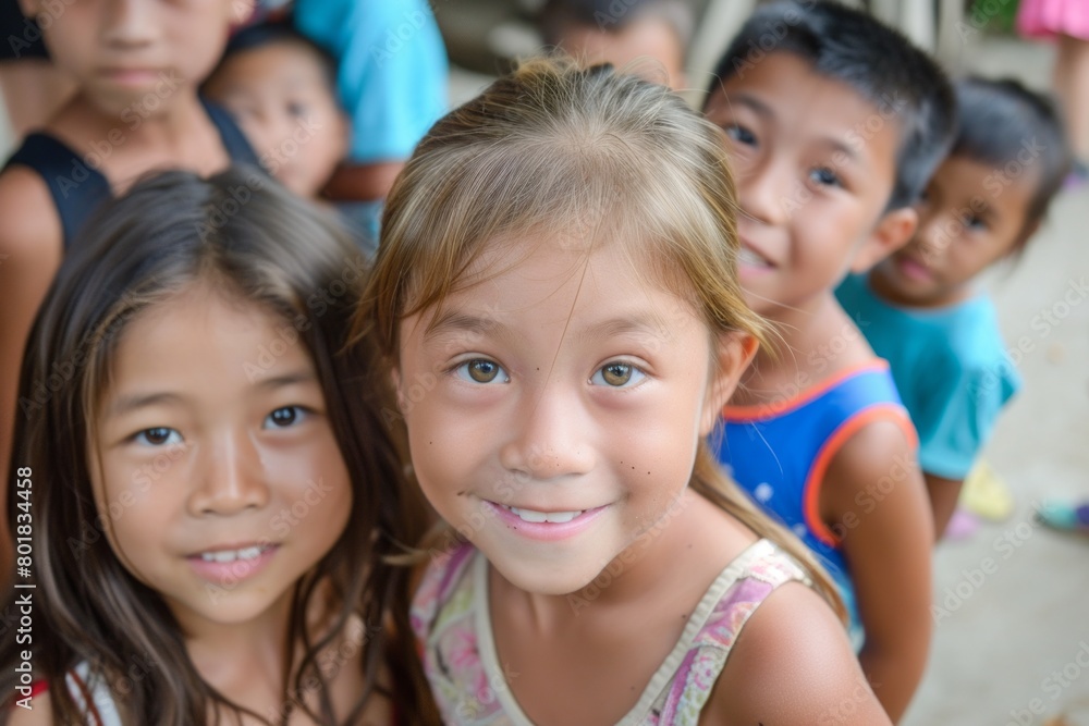 Portrait of happy smiling little Asian girl with her friends in background Portrait of happy smiling little Asian girl with her friends in background