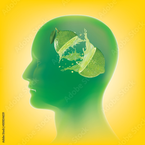 Graphic image of a cut lemon and its juice spreading into the human brain.