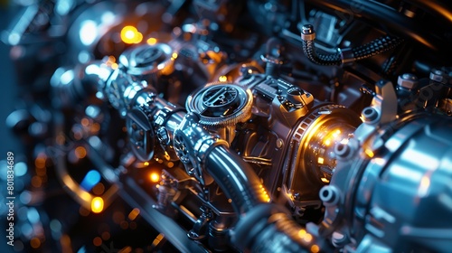 Hybrid engine component, workshop lighting, close-up, efficiency technology 
