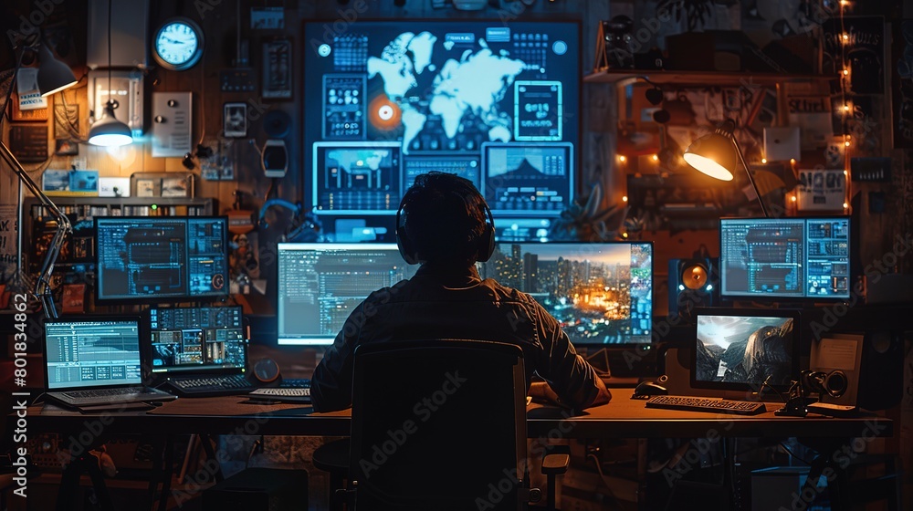Motion graphics design on dual monitors, focused work light, eye-level, dynamic content Motion graphics design on dual monitors, focused work light, eye-level, dynamic content