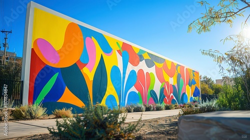 Digital mural creation in progress, outdoor bright light, wide angle, urban beautification