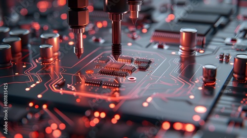 Intricate Circuit Board with Glowing Red Lights Illuminating Technological Complexity