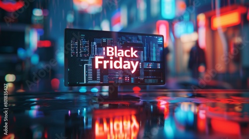 A computer monitor with the words Black Friday written on it