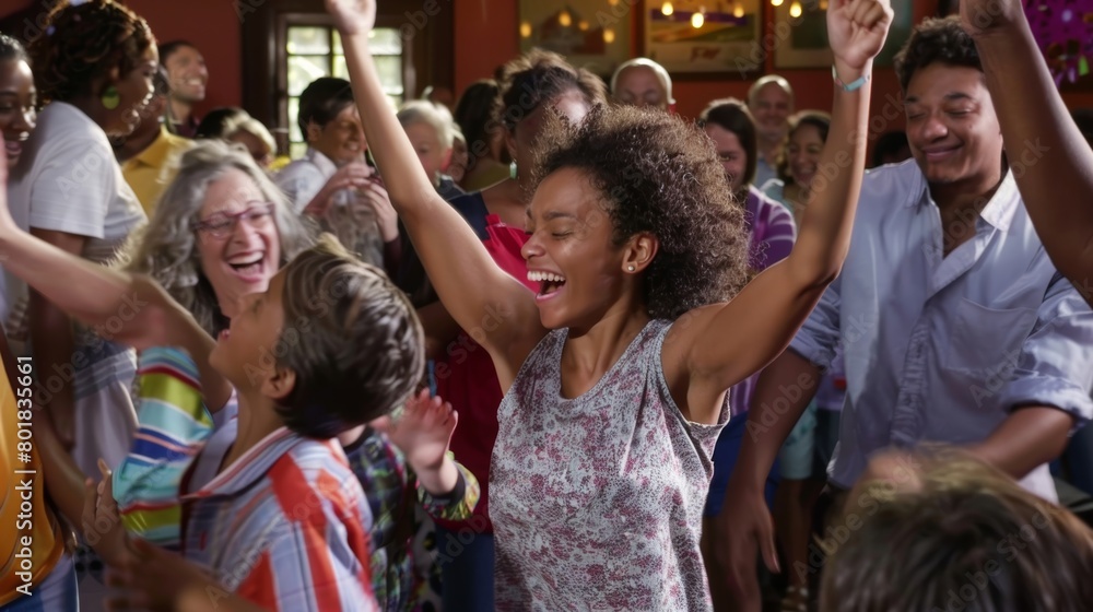 The sound of cheerful music fills the air as families sing and dance together.