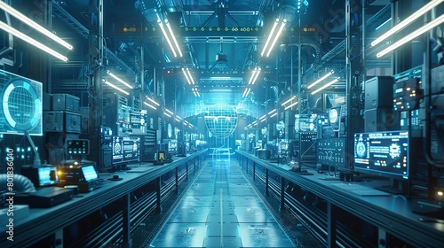 Cyber-physical system in operation, dim facility light, wide angle, smart factory ecosystem  © Thanthara