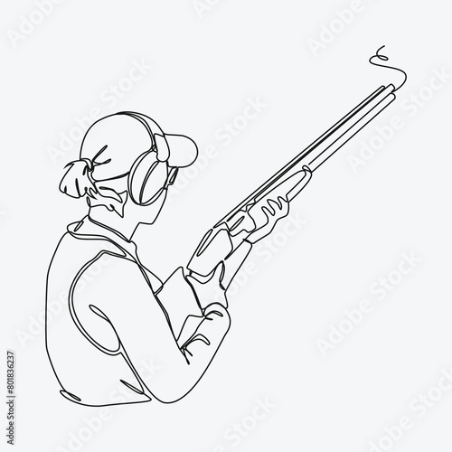 Continuous one line drawing of female athlete in shotgun shooting sport. rear view of a woman wearing earmuffs, a hat and holding a weapon. editable stroke. vector illustration.