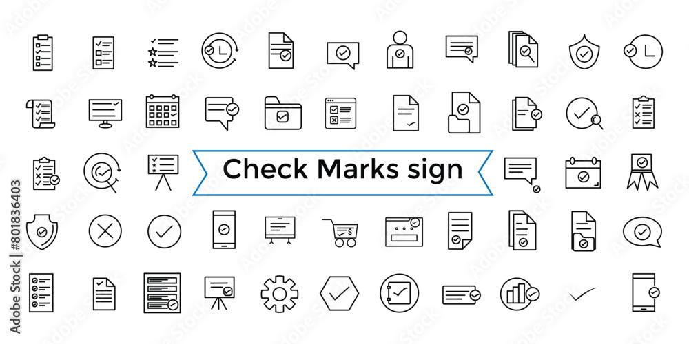 Check Marks sign line web icon set. Contains such Icons as confirm, approved, check list, warranty and more. Outline icons pack. Icon collection. Editable vector icon and illustration.