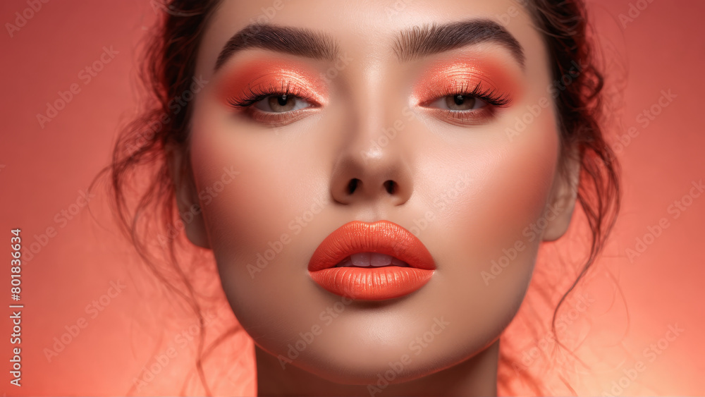 Plump lipped woman with voluminous lip balm hydrating oils juicy tint blurred coral background Plump lipped woman with voluminous lip balm hydrating oils juicy tint blurred coral background