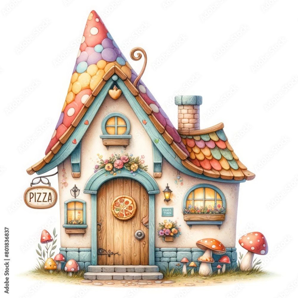 Fototapeta premium A charming illustration of a whimsical pizza house with a colorful roof, inviting door, and surrounding mushrooms, perfect for adding a touch of fantasy and fun to any design.