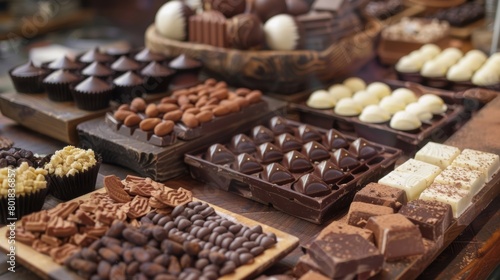 A tantalizing display of different types of chocolate and tools used in a chocolatemaking class. © Justlight