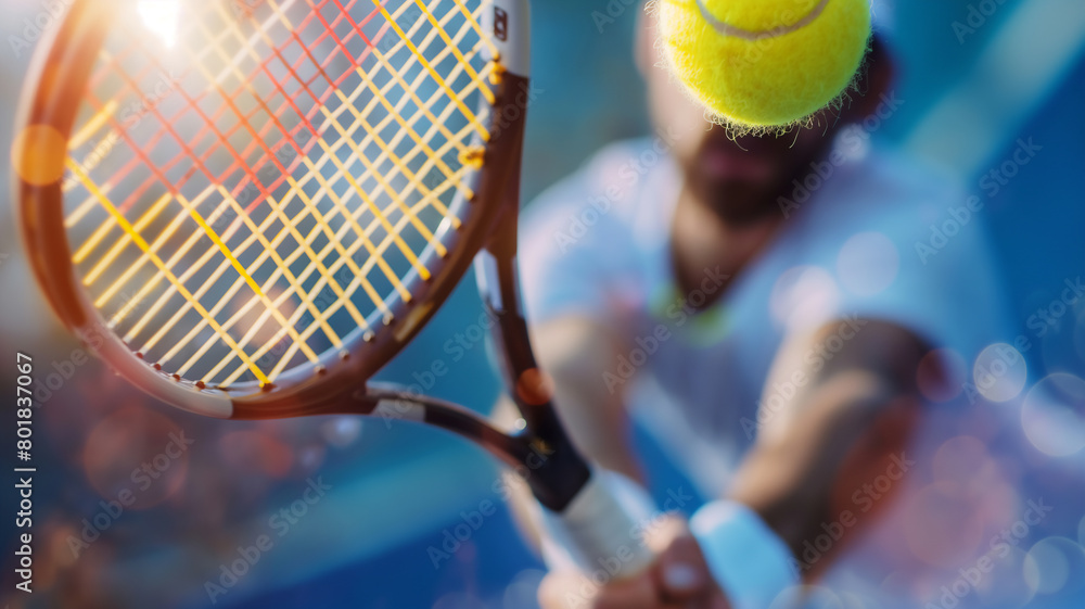 Close-up of a tennis player serving the ball, focusing on the racket and ball with vibrant backlighting and bokeh effect.
