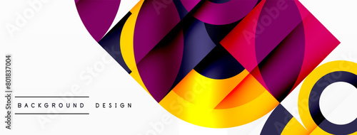 A vibrant geometric design featuring circles and squares in tints and shades of magenta and electric blue on a white background, showcasing symmetry and artistry