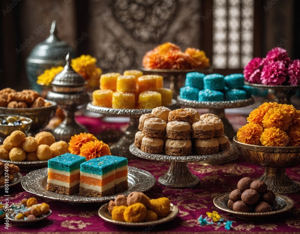 A colorful array of traditional sweets and desserts displayed on a festive Eid table.
