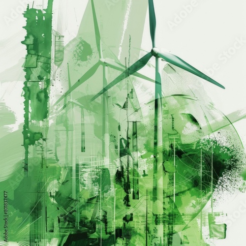 A painting of a wind farm with a green background