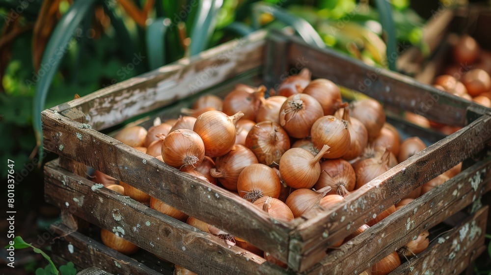 a wooden crate filled with freshly picked onions in a garden a wooden crate filled with freshly picked onions in a garden