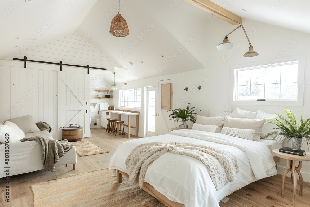 A bright, airy Scandinavian-style bedroom with white walls and wood accents A bright, airy Scandinavian-style bedroom with white walls and wood accents