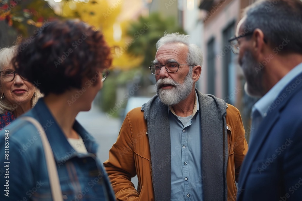 Senior man talking to his friends on the street in autumn day. Senior man talking to his friends on the street in autumn day.
