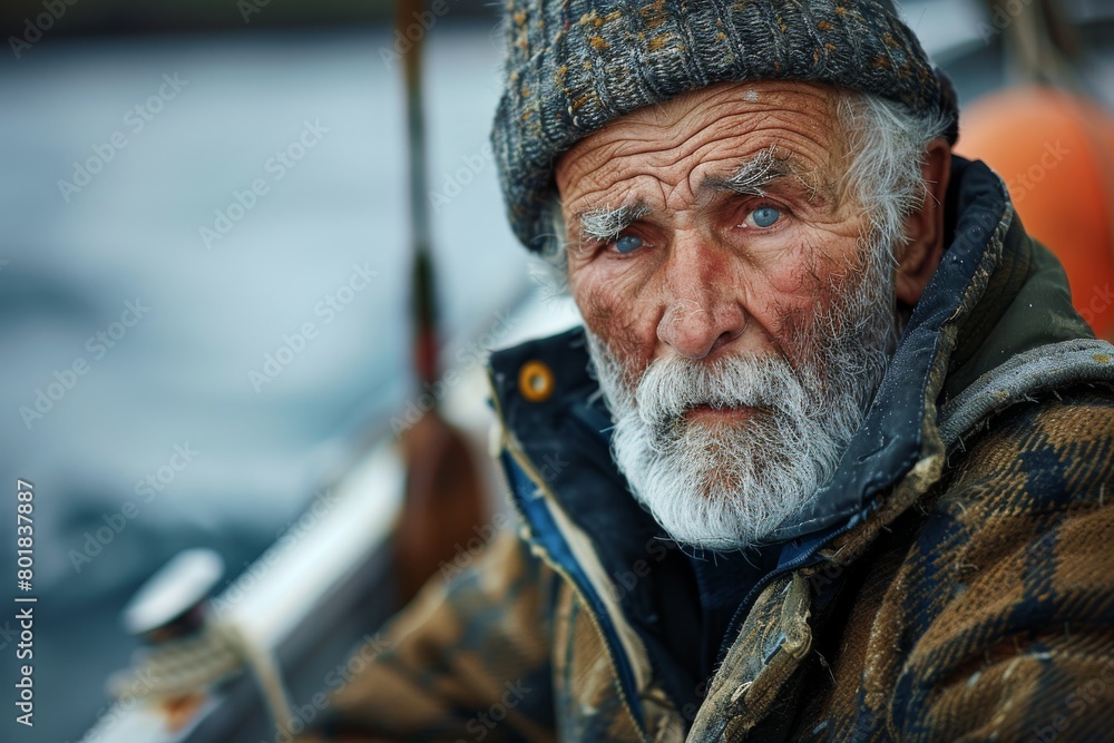 A portrait of an old Irish fisherman in a fishing jacket on his boat. Labor Day concept, Fisherman's Day A portrait of an old Irish fisherman in a fishing jacket on his boat. Labor Day concept, Fisherman's Day