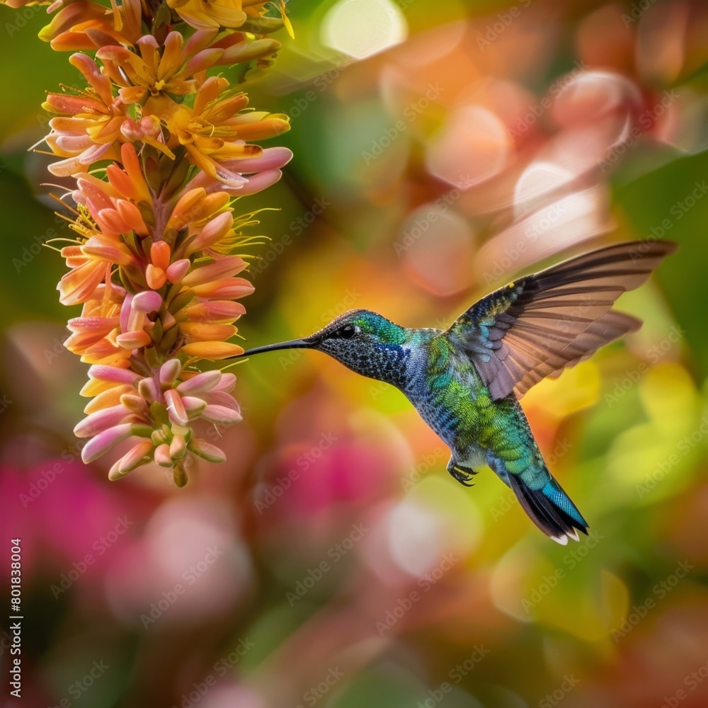 Fototapeta premium A hummingbird is perched on a flower, drinking nectar