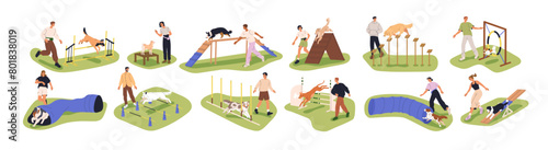 Dog agility training outdoors. Canine exercising, jumping hurdles, running through tunnel. Puppies, obstacle equipment at playground. Flat graphic vector illustrations set isolated on white background