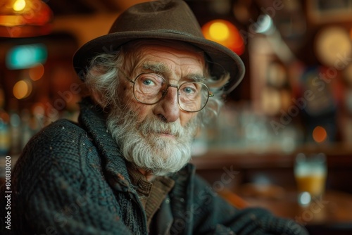 An atmospheric portrait of a typical old handsome Irish man in an Irish pub.